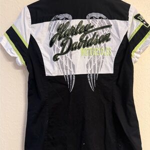 Harley-Davidson women’s Black and White Shirt with Green and Pink Accents